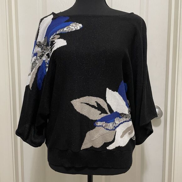 INC International Concepts Dolman Sleeve Sweater Black Sequin Women's Medium - Picture 1 of 10